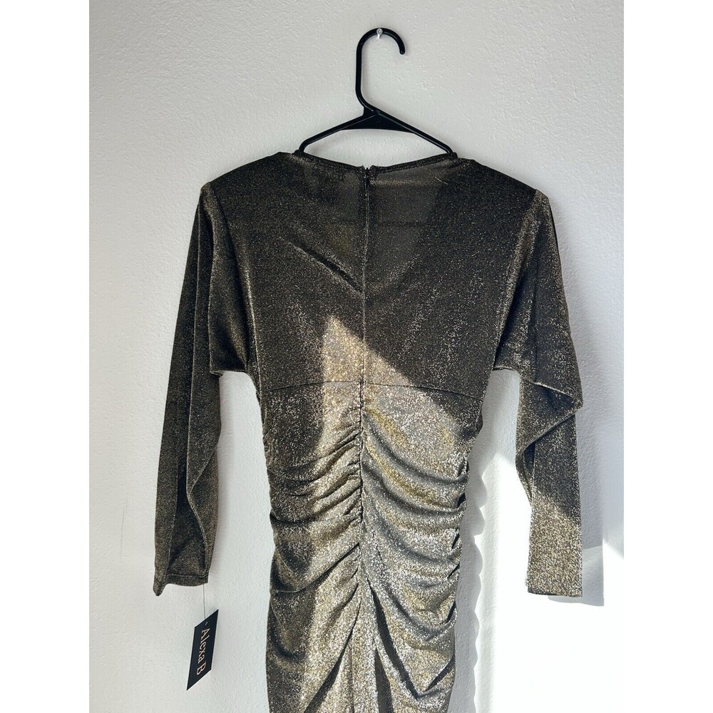 ALEXA B NITES‎ RUCHED GOLD GLAM MESH MAXI DRESS V NECK SIZE 4 NWT - Picture 6 of 9